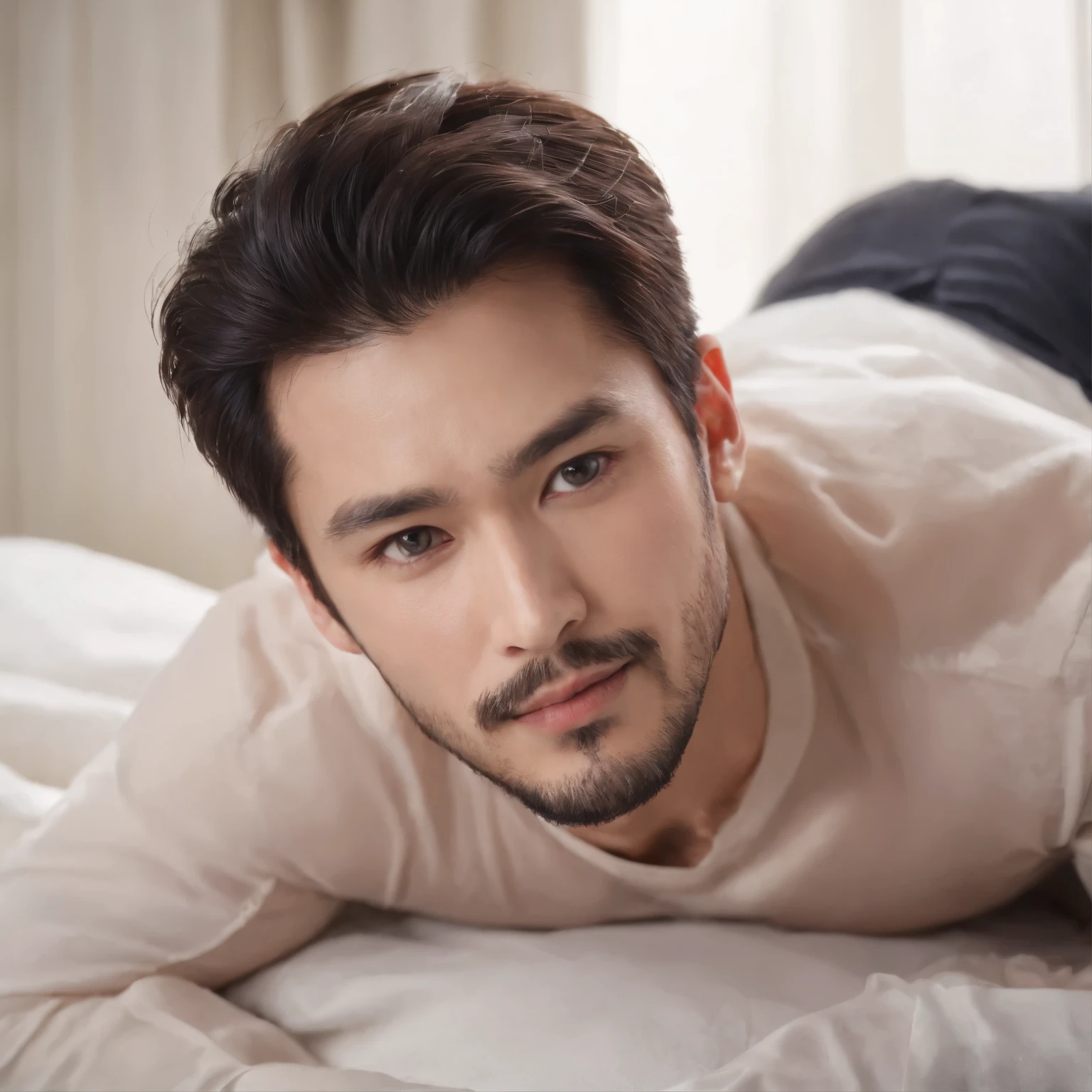 Handsome gay men, Masculine, Muscular, short hair man 30 years old male, Look straight ahead, looking at the camera, Dark beard, Famous actors of the Japan, Masculine look,Face close-up、Dark blue beard、ベッドにLying on your backになって寝転んでいる、ベッドにLying on your back、Lying on your back