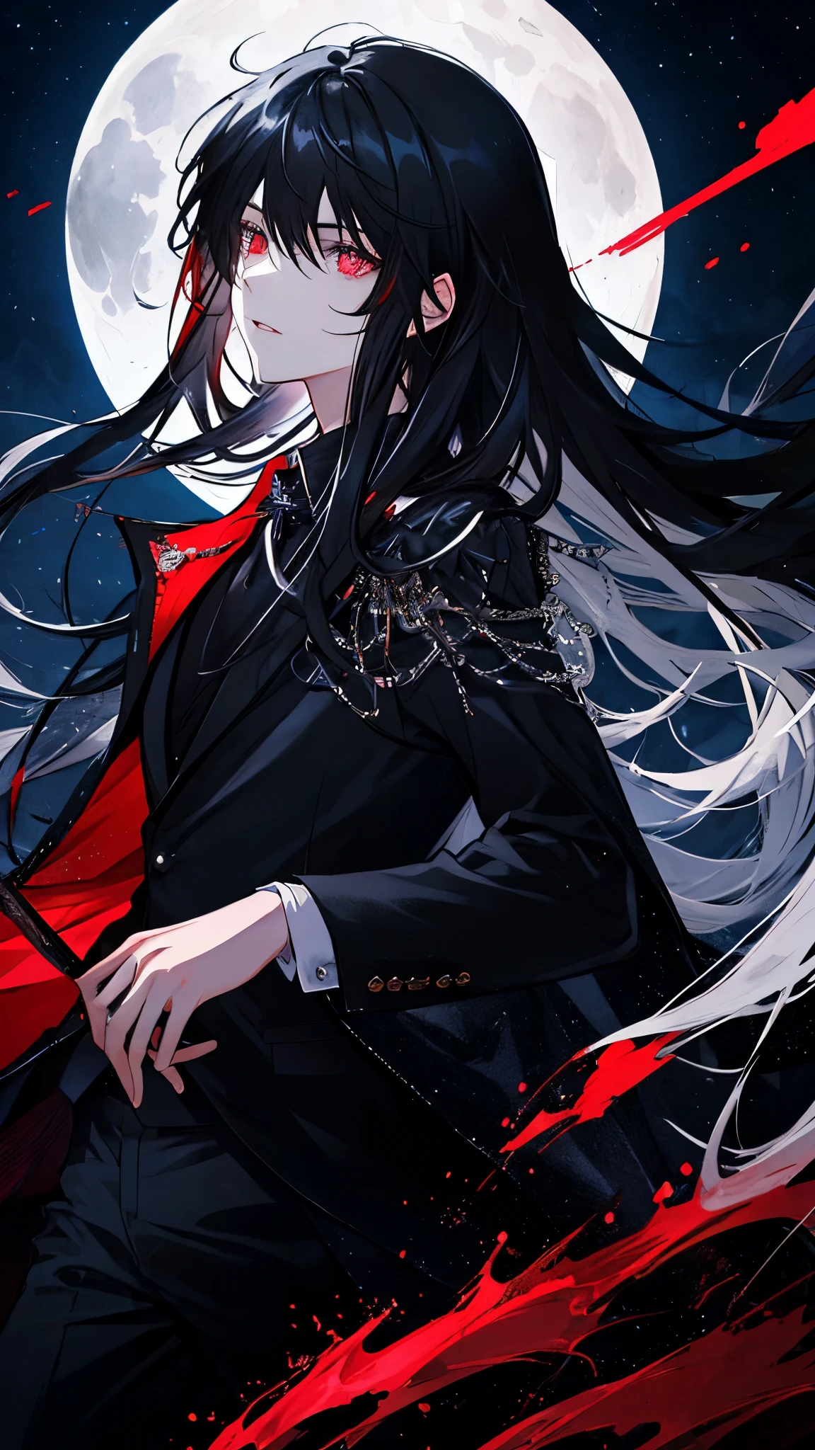 (best quality), masterpiece,Ultra Detailed,1man,Masculinity,a black-haired,Long hair,Red Eyes,Gorgeous dark atmosphere, Wear a black suit,Late Night, moon