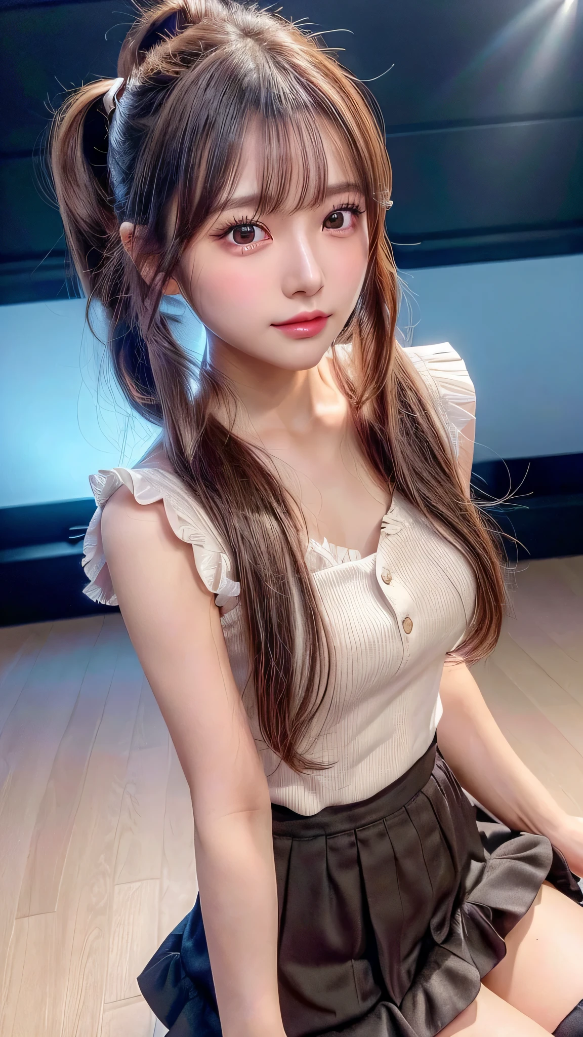 Close-up of face,Blushing,Facing forward,Close-up of face,Small breasts,14 years old,Long hair ponytail,concert,On stage,((8K, Raw photo, Best Quality, Mastepiece:1.2), (Realism, Photorealistic:1.4), (Highly detailed 8K wallpapers), Depth of written boundary, Cinematic Lighting, Soft Light, Detailed Beauty Eye,Shiny and smooth light brown ponytail, Asymmetrical bangs, Shiny skin, Ultra-detailed skins ,It is high resolution., High detail, Detailed hairstyle, Detailed facial beauty, Hyper-realistic, Perfect limbs, Perfect Anatomy ,1 Japanese girl,Famous Japanese Idols, Perfect female body,A shy smile,Short eyelashes,Double-edged eyelids,Look straight here,Hair style: ponytail、She is wearing a skirt with lots of frills,pose is random,Pink frilly dress,Close-up of face