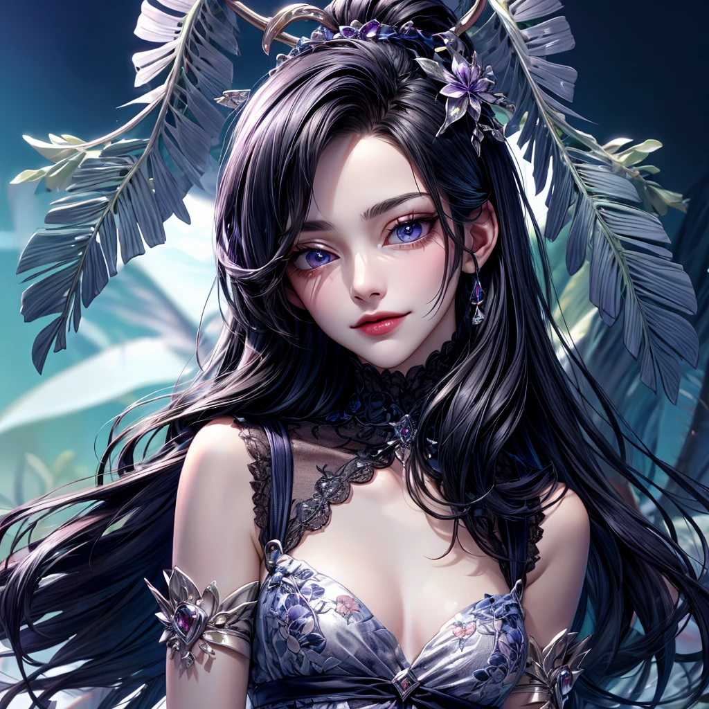 1 woman of 30 years old, {{{straight black very long hair}}}, {{{round pale blue eyes}}}, Pale purple floral print dress {exposed arms} cleavage, small smile {silver accessories}, magical forest, {best quality.}, {highreaasterpiece.}, {{{medium close up.}}}, {facing viewer}