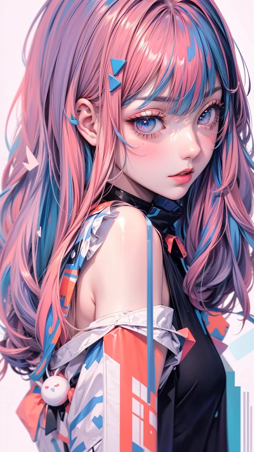 (masterpiece, High resolution, highest quality), Composition from head to thighs:1.3, Upper body focus, 20-year-old woman, Blank look, short hair, Avant-garde makeup, Glitch Art, Pixelated Fragments, Data Corruption, Colorful Noise, Visual clutter, Modern aesthetics, abstract design, artistic juxtapositions, High contrast, mixed-media approach, Anime Style, Simple lines, Digital Painting,