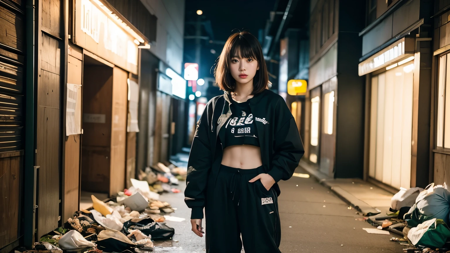 18-year-old,Korean women,((((Standing against the wall)))),(((Dirty neon street at night))),(((Facing forward))),(((Frowning,カメラをGlaring))),(Very fine eye),((I can't see my stomach)), (((Wearing a long black down jacket,Wearing baggy pants))),(((Collapsing Building))),(((old buildings))),((photograph)),((A woman near a garbage dump)),(((Fabric Shading))), (((highest quality))), (((masterpiece))) strong girl, ((((Realistic)))), I have a card,Black Hair, chic hairstyle, ((With bangs,Straight medium bob cut, nice hair)), Light makeup,Red eyes, (((I&#39;m not wearing lipstick))), (nice, strong), (((Strong night atmosphere))), Centered Images, Looking at the camera, Realistic Skin,Realistic texture,８k,whole body,Pale skin, (((Dirty garbage dump))),A huge amount of trash,Red iris,Expressionless,Glaring,Perfect Face,(((Big eyes))),Wide black baggy pants,Mouth closed, portrait of aespaのウィンター,She is wearing black streetwear, Woman in black streetwear, 黒いハイテクな服を着た女性のphotograph, Girl wearing black hoodie, Cyberpunk Streetwear, Cyberpunk Streetwear street fashion e-girl,