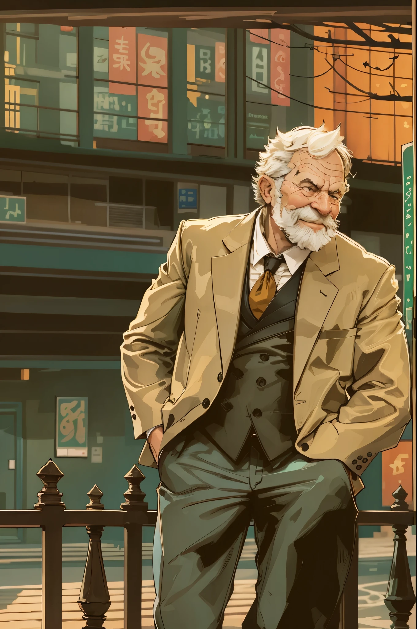 portrait, muscular old man in city, happy, autumn, suits, vector, mwvector