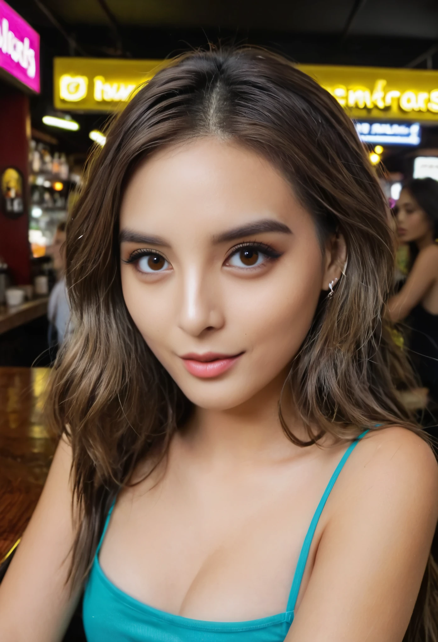 Snapchat photo, An Instagram model, a 20 years old woman with brown eyes, at a busy bar taytay