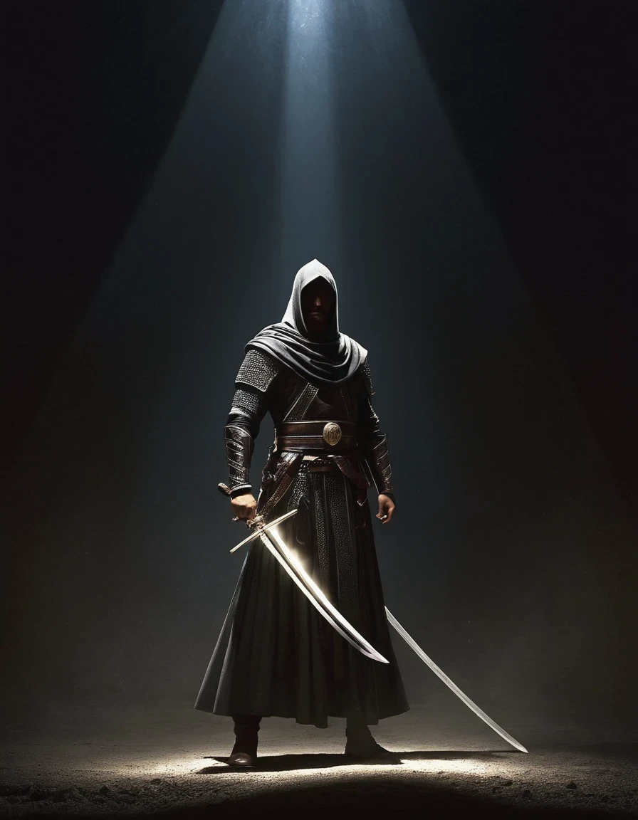 (Swordsman),holding enormous sword,Darkness in the Night, , influenced by Surrealist style, Ahmed Morsi, influenced by Precisionism, Dynamic Balance, influenced by Pictorialism
