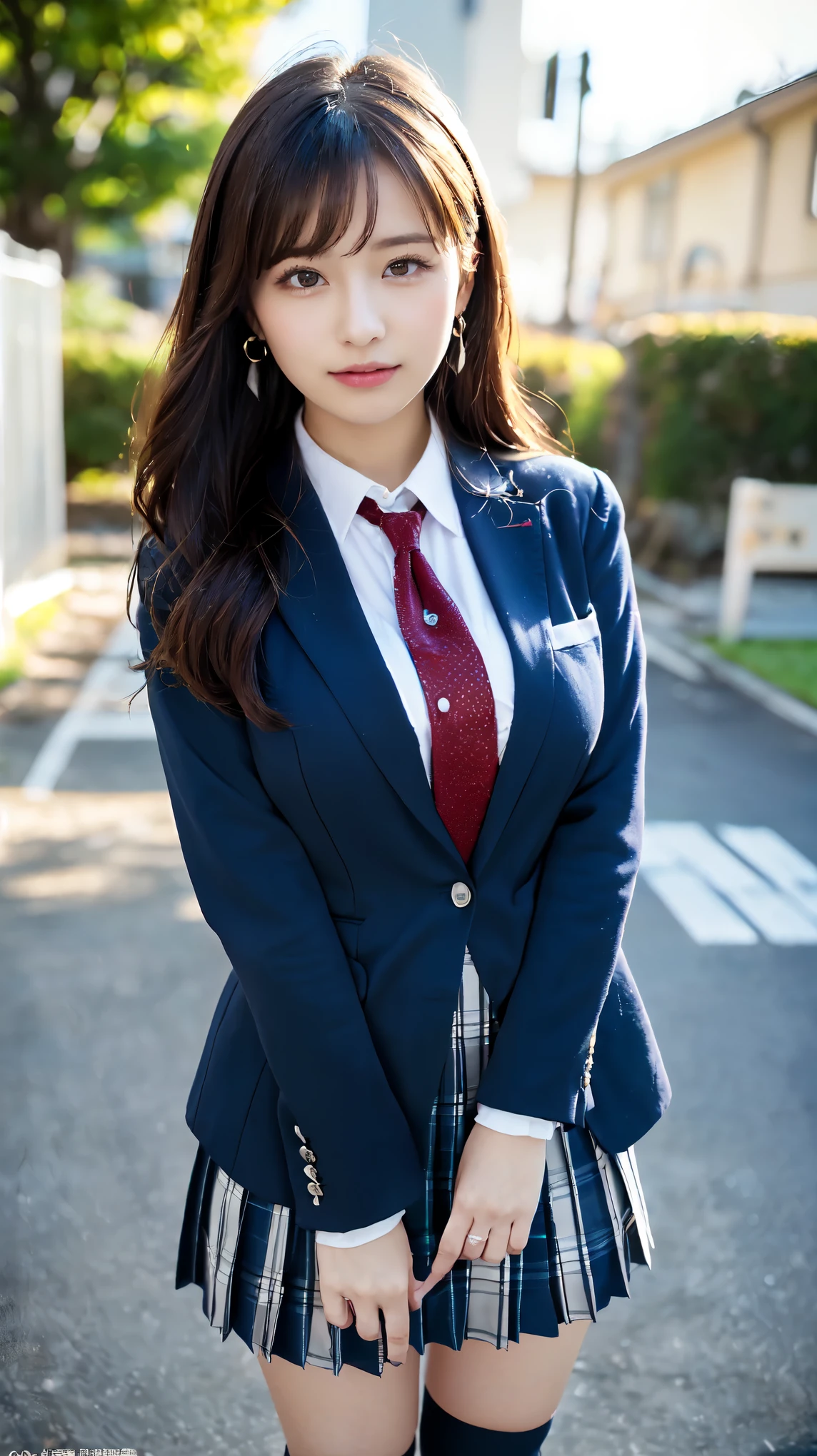 Tall Girl, cute, Cityscape, School classroom, Dark brown hair,Ponytail hairstyle, Beautiful well-groomed eyes、((double eyelid))、super cute girl, (((学born服、blazer、日本の女子高bornが着る長袖シャツ、Ribbon tie、Dark blue mini skirt,、Dark blue socks、Black Loafers))), (Clear Face), (Detailed facial depiction), (Detailed facial features)、(Detailed eyes)、Thin clavicle、((Slim and large))、(((日本の女子学bornはジャケットと長袖のシャツを着ている)))、((A proper idol))、((school gate、Schoolyard、With the school building in the background))、(Take photos from random perspectives)、(((cute like an idol)))、Earrings、Big smile、Drawing the whole body from the knees、Don't draw thin lines、(((日本の女子学bornが愛用するスポーツバッグ)))、(Big big breasts with big drooping:1.2)、Big toned buttocks、bare hands、(((Symmetrical eyes)))、Standing pose、Please do not remove the tie from the jacket、Lift your butt:1.5,born々Sex:1.5,Official Art,Highly detailed CG Unity 8k wallpaper, (masterpiece:1.0),(highest quality:1.0), photo shoot, 8k, Browsing Caution, High resolution, Kodak Portrait 400, Film Grain, Lens flare brilliance,View your viewers