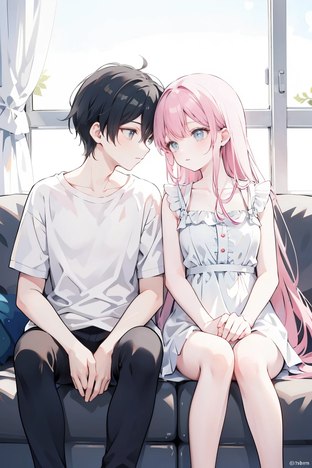 Anime couple sitting on a couch looking at each other - SeaArt AI