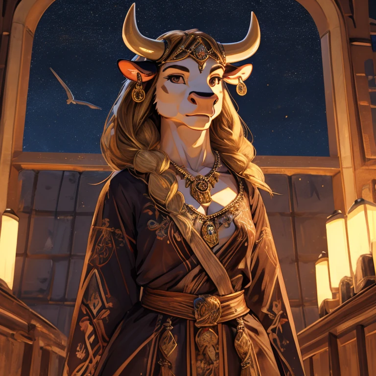 Full body, handsome female, cow, two pointy horns, nose ring, cattle ear tag, heavy muscular build, light brown short messy fringe, ((best quality)), ((masterpiece)), (detailed), perfect face, blonde fur, black eyes, good eyes, dress, mischievous, semi realistic, warm lighting, sky background