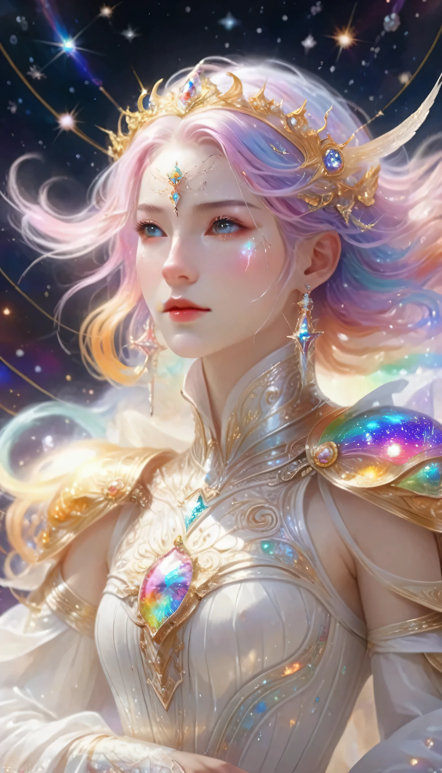 One girl, Rainbow Hair,White delicate dress armor, Rainbow colored space nebula background, performer, Milky Way, Intricate details, Fair skin,masterpiece, highest quality, Realistic, Floating happily in space, Sparkling, Shine,Facing forward、