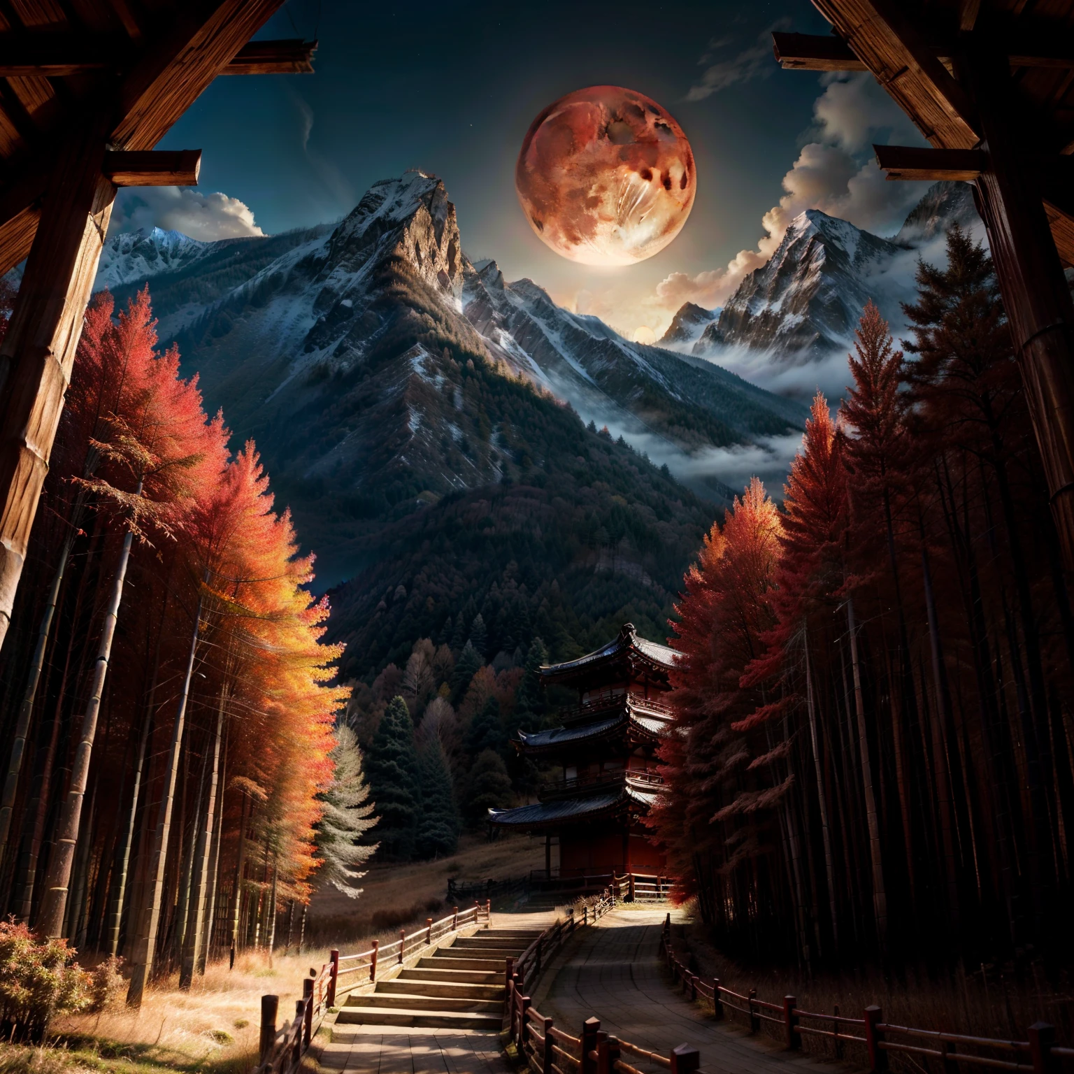 best quality,Masterpiece,Beautiful Japanese bamboo forest in the high mountains,There was a blood moon that stood out in all its frightening splendor.