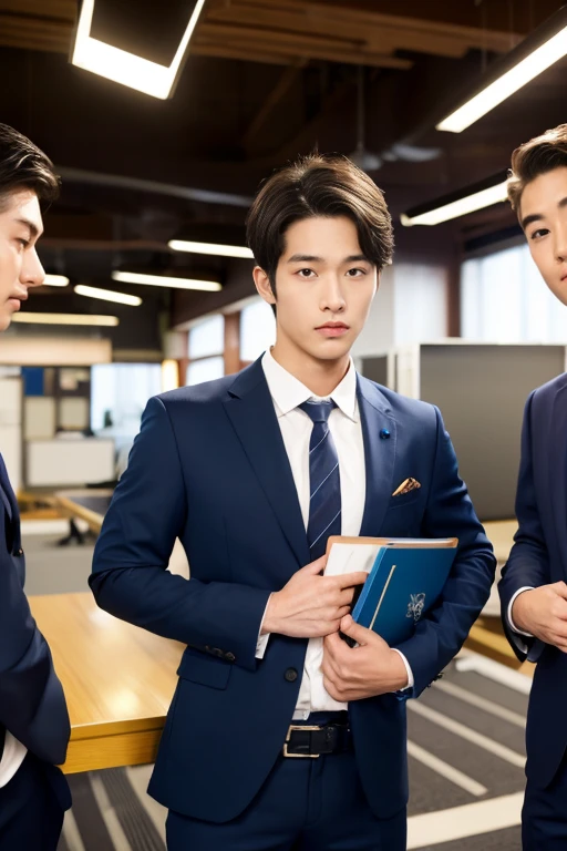 wear suit, (bulge in crotch:1.4), Two male student, friend, With short black hair, Japan, office, Realistic graphics:(1.4),High quality photos, Rough skin, look at each other, One is tall and the other is short, One of them has a baby face,23 Years old and 20 year old men, fresh man, Japan handsome, Cute face, cowgirl position