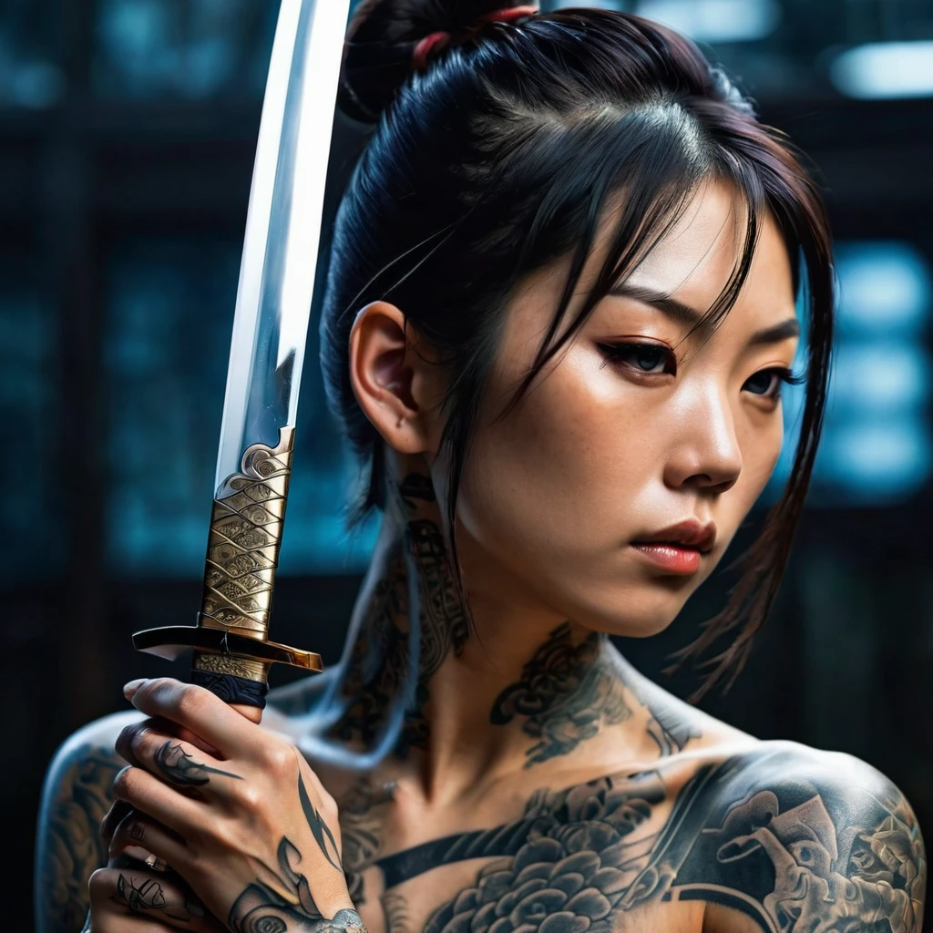 Reflective art. A beautiful Japanese woman with tattoos on her face and body in a reflective katana blade. Close-up shooting along the blade. focus on the reflection of a woman . A unique photo work worthy of winning at 35awards. The background is blurred. A masterpiece . perfect composition, beautiful detailed intricate insanely detailed octane render