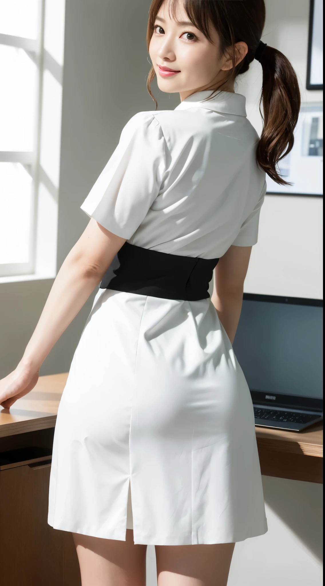 (Best quality, 8k, 32k, Masterpiece, UHD:1.2), from behind, 1 walking girl, beautiy Japanese office lady, (smile:0.5), (looking at the the viewer), 30 years old, bit chubby, white shirt, black skirt, office room, desk, (small breasts, buttocks:1.2), detailed beautiful face, wavy pony-tail hair, from below,