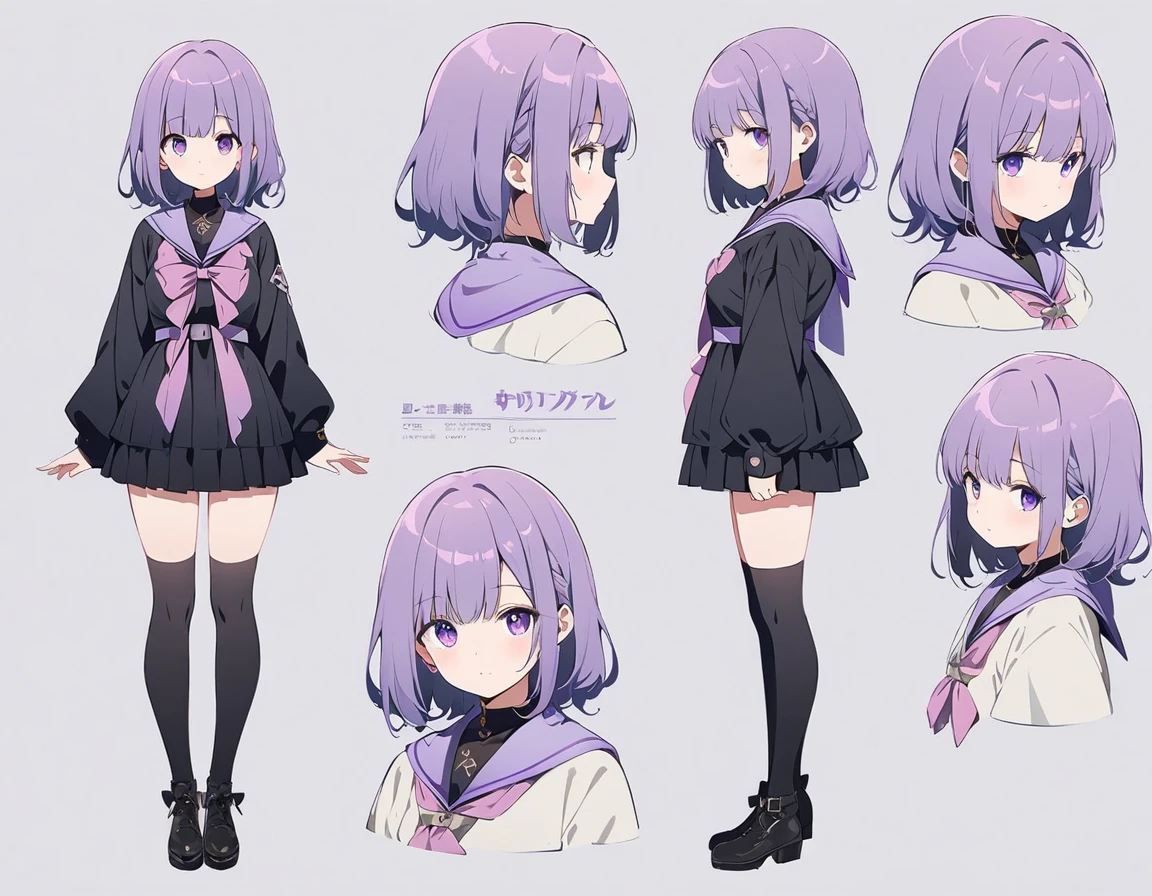 1 girl、purple eyes, purple, eye color purple、(highest quality、masterpiece、High resolution、detailed)Anime Style、flat style、(Shining Eyes、detailed美しい顔), BREAK,standing girl, three view drawing, front and back and side, character sheet,full body,simple background,