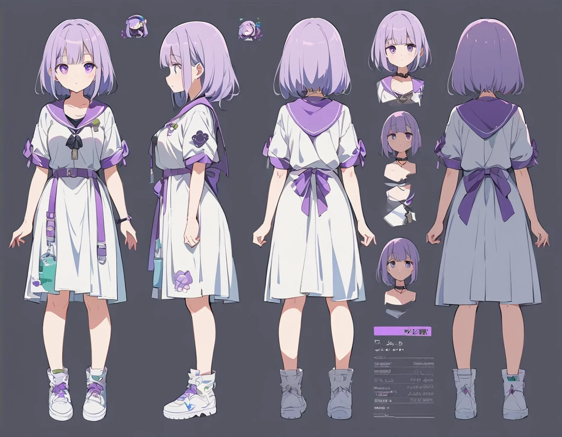 Girl with light purple hair,Three View,pony tailair skin,a purple eye,Wear purple clothes and belt,White boots,tmasterpiece,extremly high detail