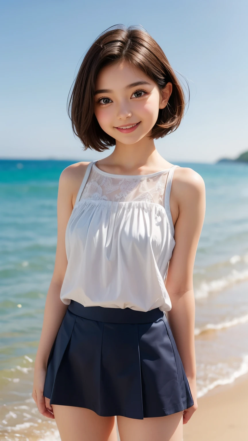 (cute face,brown eye: 1.3), (detailed face: 1.3), extra short hair, sidelocks-hair, smiling face, 1 girl, alone, blue sky, sea, short skirt, (Very detailed background: 1.0), (Very detailed background: 1.0)