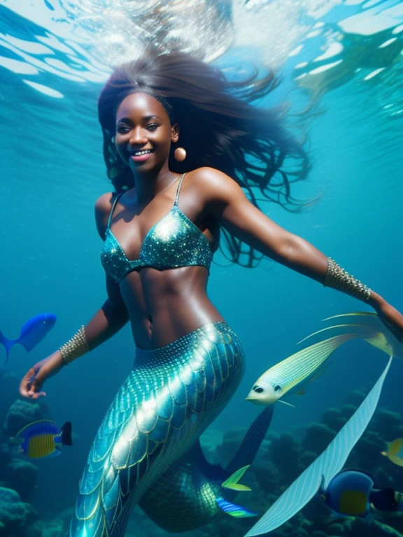 fking_scifi, fking_scifi_v2, portrait of a young very beautiful African woman, bra, mermaid, underwater, happy, long hair, black hair,