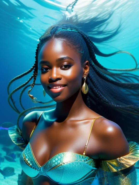 fking_scifi, fking_scifi_v2, portrait of a young very beautiful African woman, bra, mermaid, underwater, happy, long hair, black hair,