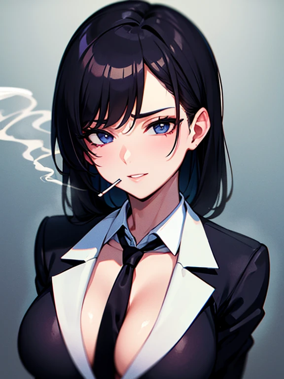 a woman in a suit, looking down at viewer with sharp eyes, she holds the cigarette with one hand, beautiful, blue eyes and short, black hair, hair bangs on the forehead, low angle view