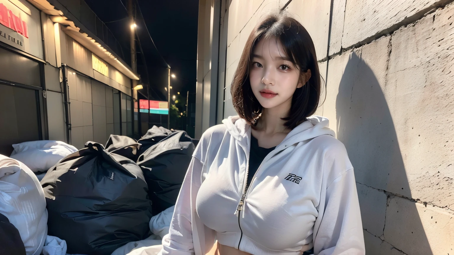 18-year-old,Korean women,((((Standing against the wall)))),(((Dirty neon street at night))),(((Facing forward))),(((Frowning,カメラをGlaring))),(Very fine eye),((I can't see my stomach)), (((Wearing a long black down jacket,Wearing baggy pants))),(((Collapsing Building))),(((old buildings))),((photograph)),((A woman near a garbage dump)),(((Fabric Shading))), (((highest quality))), (((masterpiece))) strong girl, ((((Realistic)))), I have a card,Black Hair, chic hairstyle, ((With bangs,Straight medium bob cut, nice hair)), Light makeup,Red eyes, (((I&#39;m not wearing lipstick))), (nice, strong), (((Strong night atmosphere))), Centered Images, Looking at the camera, Realistic Skin,Realistic texture,８k,whole body,Pale skin, (((Dirty garbage dump))),A huge amount of trash,Red iris,Expressionless,Glaring,Perfect Face,(((Big eyes))),Wide black baggy pants,Mouth closed, portrait of aespaのウィンター,She is wearing black streetwear, Woman in black streetwear, 黒いハイテクな服を着た女性のphotograph, Girl wearing black hoodie, Cyberpunk Streetwear, Cyberpunk Streetwear street fashion e-girl,