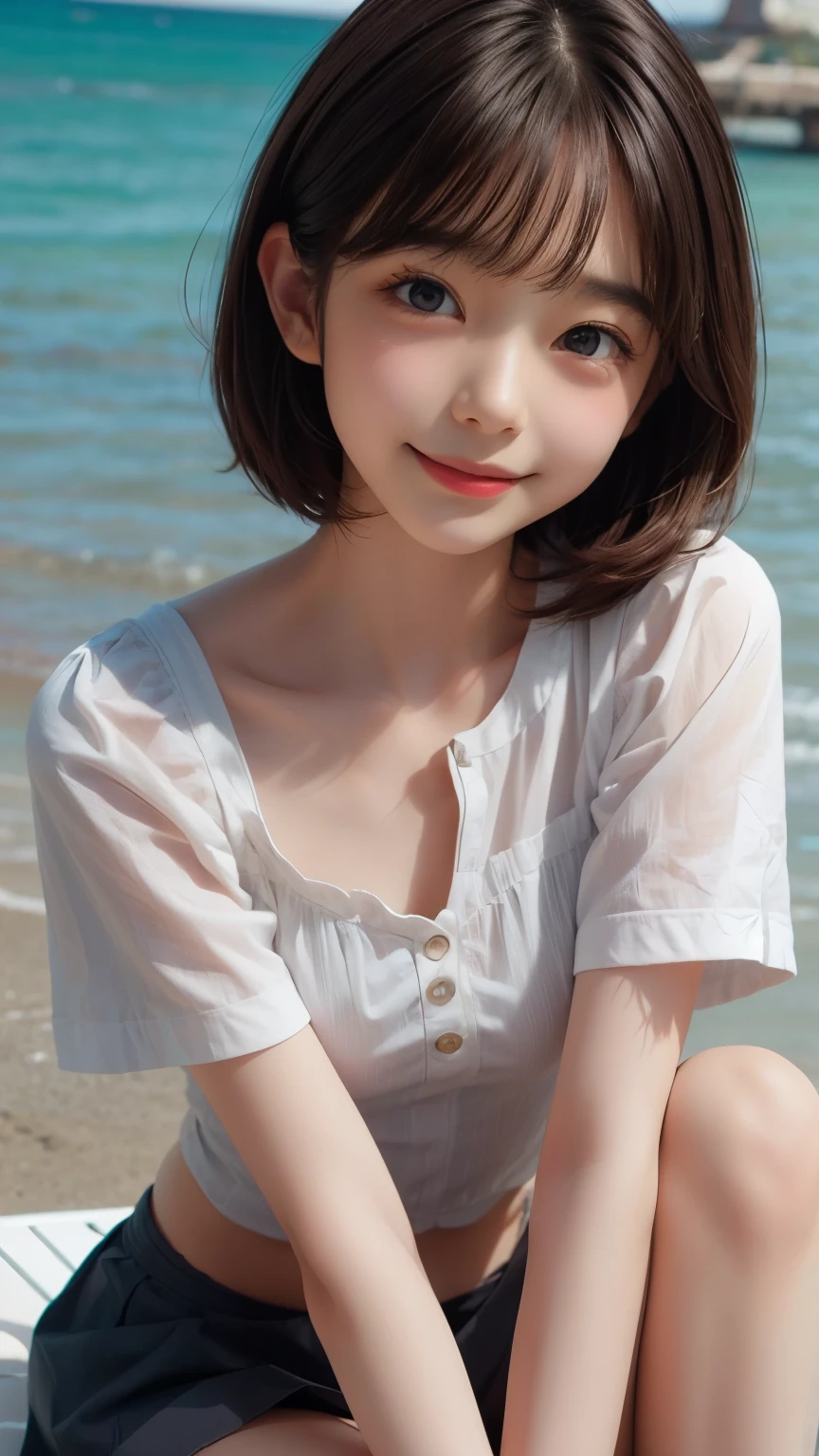 (cute face,brown eye: 1.3), (detailed face: 1.3), extra short hair, sidelocks-hair, smiling face, 1 girl, alone, blue sky, sea, short skirt, (Very detailed background: 1.0), (Very detailed background: 1.0)