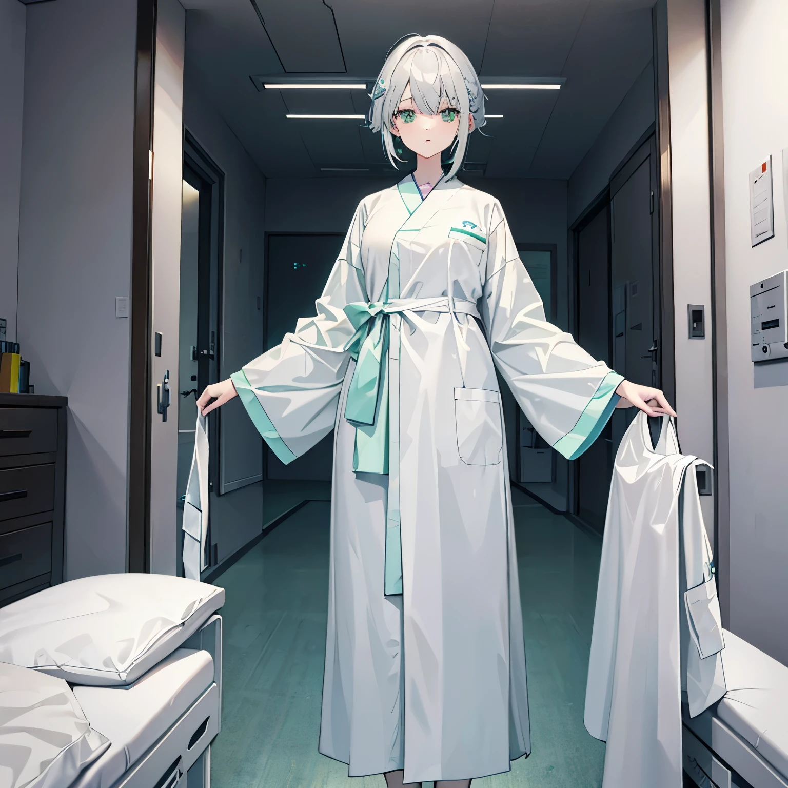 130cm tall girl in hospital clothes、Silver hair with light green inside