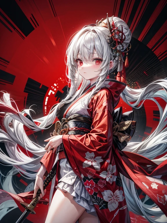 Girl in kimono standing with Japanese sword, white medium hair, red eyes, red lips, kimono with red cluster amaryllis pattern on black background, red splash pattern on black background, super high quality, super fine detail, super fine kimono pattern