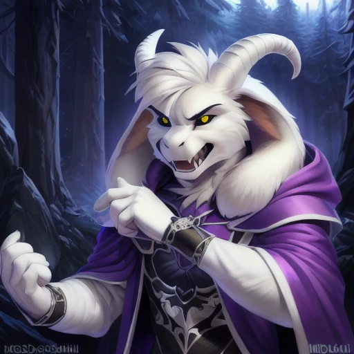 1boy,(( )), (fluffy), god of hyperdeath, ((by Michael & Inessa Garmash,Ruan)), ((asrielxdreemurr character)), purple robe, horns, (best quality, ultra-detailed, best illustration, masterpiece, high res, professional artwork, famous artwork), realistic paint, black eyes, white fur, detailed realistic painting, male, (detailed white fur), asriel, portrait, detailed hands, shaded, four fingers, insane details, looking forward, (angry, open mouth, fangs), fight, clothed