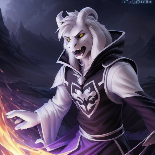 1boy,(( )), (fluffy), god of hyperdeath, ((by Michael & Inessa Garmash,Ruan)), ((asrielxdreemurr character)), purple robe, horns, (best quality, ultra-detailed, best illustration, masterpiece, high res, professional artwork, famous artwork), realistic paint, black eyes, white fur, detailed realistic painting, male, (detailed white fur), asriel, portrait, detailed hands, shaded, four fingers, insane details, looking forward, (angry, open mouth, fangs), fight, clothed