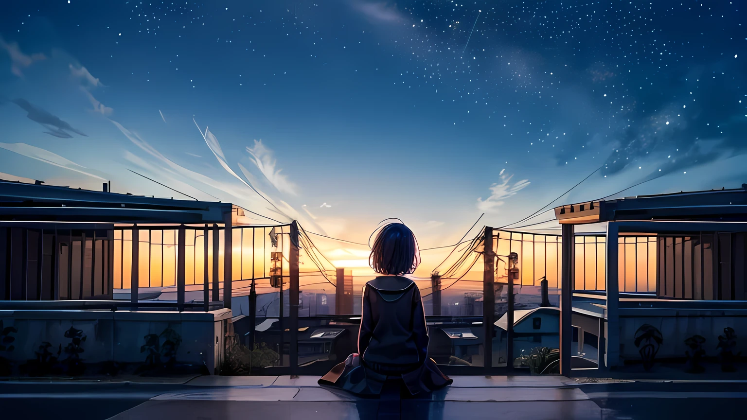 Octane, null, star (null), scenery, starry null, night, 1girl, night null, alone, Outdoor, sign, building, cloud, milky way, Sitting, wood, Short Hair, city, silhouette, cityscape,masterpiece, highest quality, ,Halftone,cloud, Light_particle, null room, null,water,girl,night