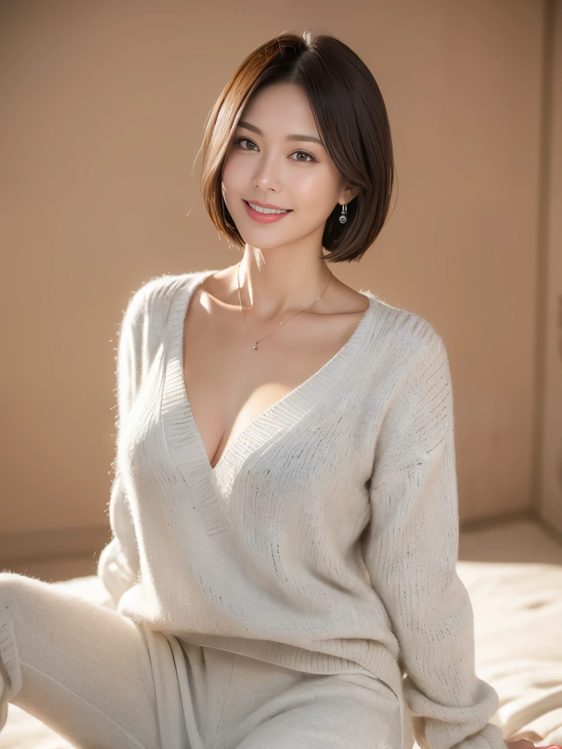 Japanese,Watching the audience,(Light grey sweater:1.4),(white wool pants:1.4),（真珠のnecklaceを着けている:1.4）、Shiny skin,necklace,Earrings,Normal size breasts,Black Hair,Red Mouth,clavicle,Beautiful fingers,Full body portrait,  short hair, Bobcut, 8k, Very detailed, highest quality, Beautiful Skin Anatomically Correct, masterpiece , highest quality, Cinema Lighting, Use perspective throughout , Surrealism , ,(Realistic:1. 3),(RAW Photos) , Black Hair, light smile, short hair, Bobcut, Anaglyph, Stereogram, (Mature Woman:1), (38 years old), ((close:0.5)), Glare, double eyelid, Lip gloss, (smile:1), ((close your eyes:0.85)), Red Mouth, clavicle, ((Looking at the audience)),  (The whole body is visible) , standard body shape ,C cup breasts、  Perfect round eyes , Fine texture 