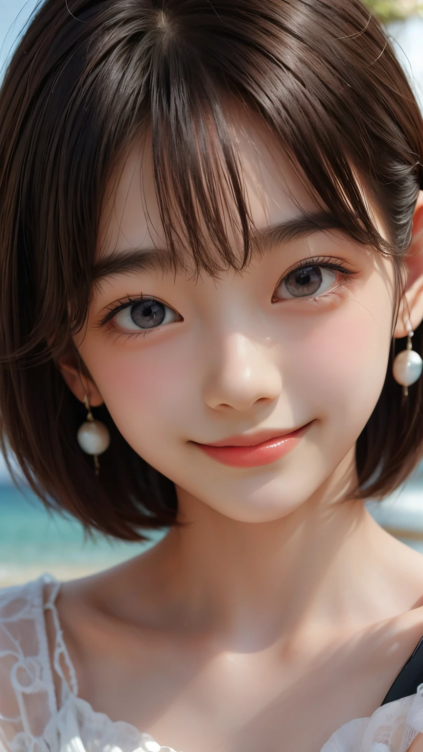(cute face,brown eye: 1.3), (detailed face: 1.3), extra short hair, sidelocks-hair, smiling face, earrings, necklace, 1 girl, alone, blue sky, sea, short skirt, (Very detailed background: 1.0), (Very detailed background: 1.0)