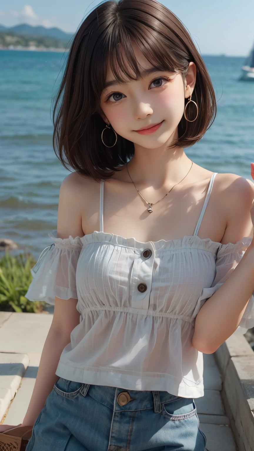 (cute face,brown eye: 1.3), (detailed face: 1.3), extra short hair, sidelocks-hair, smiling face, earrings, necklace, 1 girl, alone, blue sky, sea, short skirt, (Very detailed background: 1.0), (Very detailed background: 1.0)