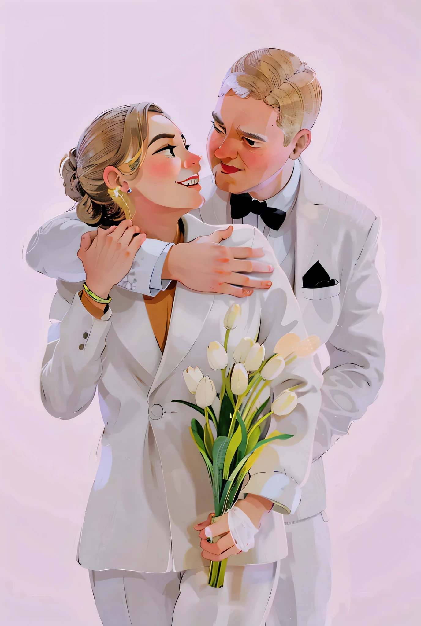 (masterpiece:1.2),illustration,lineart,texture,a wedding couple in white shirt and pants,white tulips ,warm color palette,soft lighting,detailed pencil strokes,delicate outlines,distinct shadows,subtle shading,impeccable attention to detail,highly realistic,artistic touches,vibrant and lifelike rendering,professional-level skill,warm and inviting atmosphere,peaceful and relaxed expression,sophisticated and elegant aesthetics.
White isolated background, white backdrop.
