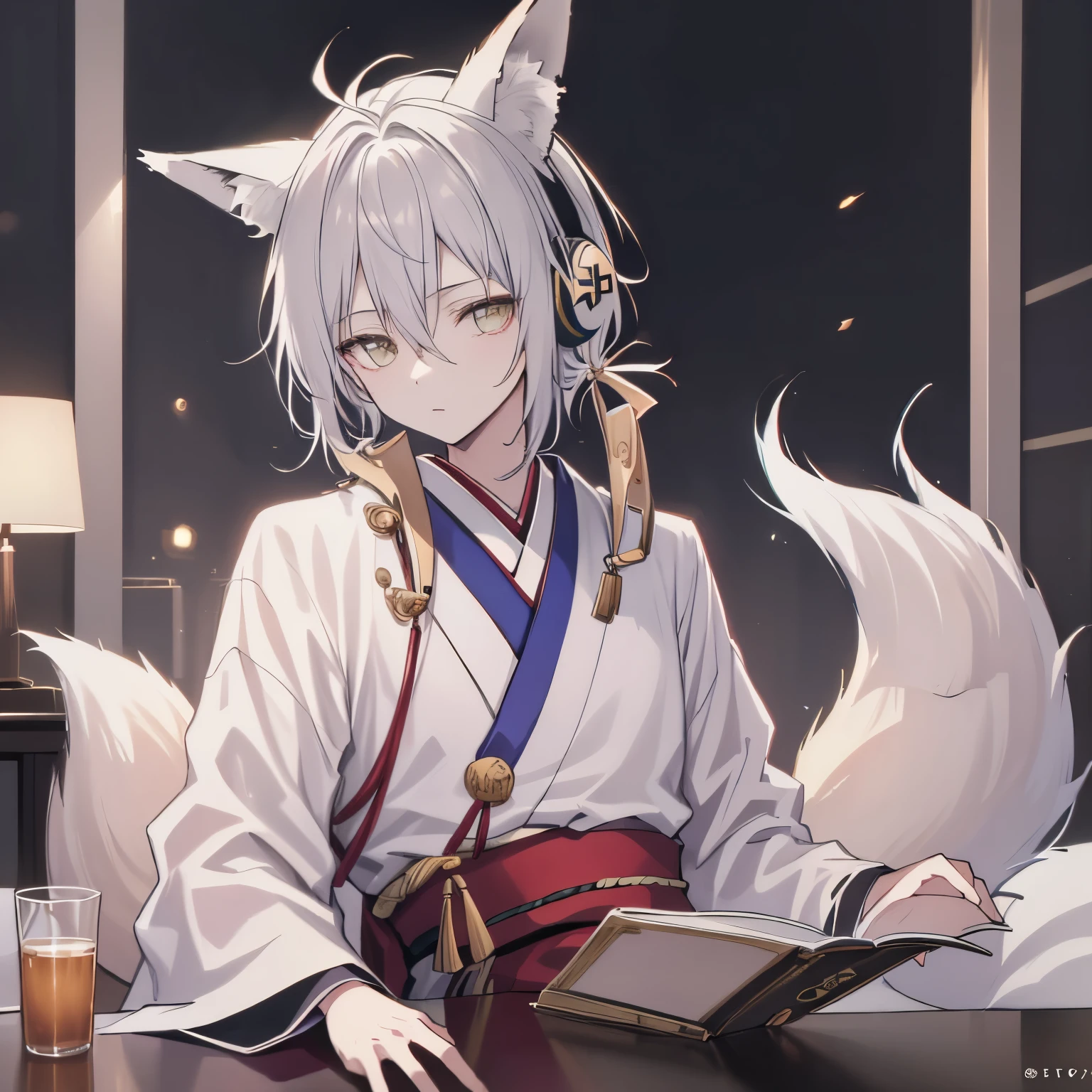 ((best quality)), ((masterpiece)), (detailed), perfect face boy、((best quality)), ((masterpiece)), (detailed), perfect face ((highest quality)), ((masterpiece)), (be familiar with),、morning、Studying in my room listening to the radio with headphones、kimono、Silver Hair、Fox&#39;s Tail、Fox Ears、Warm lighting、Reading a book、 Realistic person with headphones sitting at a table with a laptop, praise boy, praise artstyle, praise art, praise vibes, praise feel, praise hip hop, praise, Chill Hop, praise girl aesthetic, praise portrait, praise vibe, praise cores, Anime atmosphere, The aesthetics of the lofi
