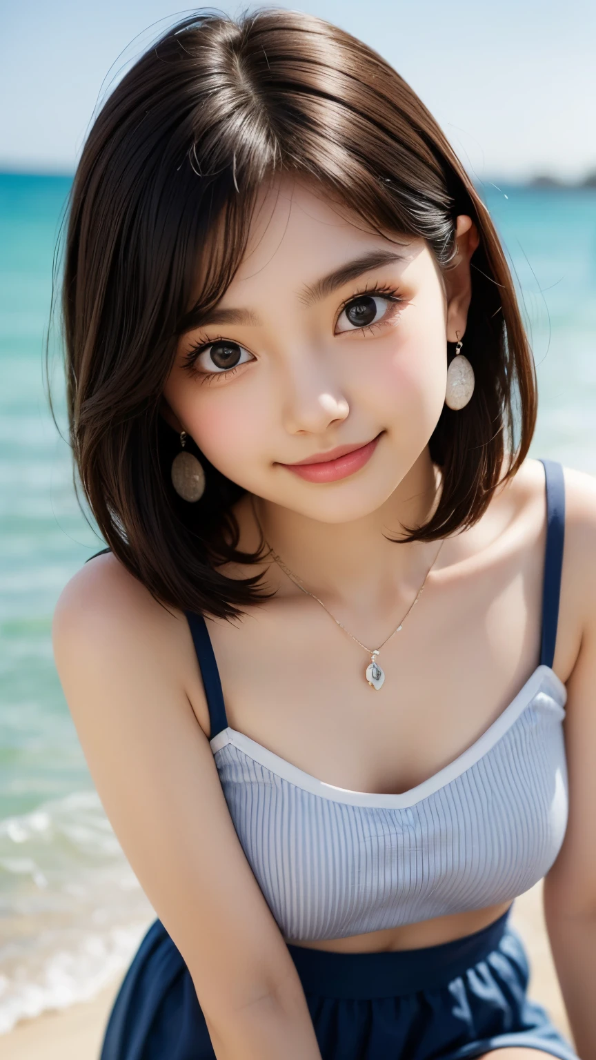 (cute face,brown eye: 1.3), (detailed face: 1.3), extra short hair, sidelocks-hair, smiling face, earrings, necklace, 1 girl, alone, blue sky, sea, short skirt, (Very detailed background: 1.0), (Very detailed background: 1.0)