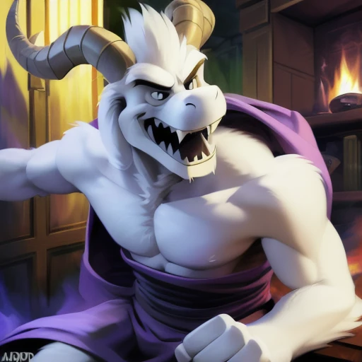 1boy,(( )), (fluffy), god of hyperdeath, ((by Anti_dev, chunie, darkgem)), ((asrielxdreemurr character)), purple robe, horns, (best quality, ultra-detailed, best illustration, masterpiece, high res, professional artwork, famous artwork), realistic paint, black eyes, white fur, detailed realistic painting, male, (detailed white fur), asriel, portrait, detailed hands, shaded, four fingers, insane details, looking forward, (angry, open mouth, fangs), fight, clothed