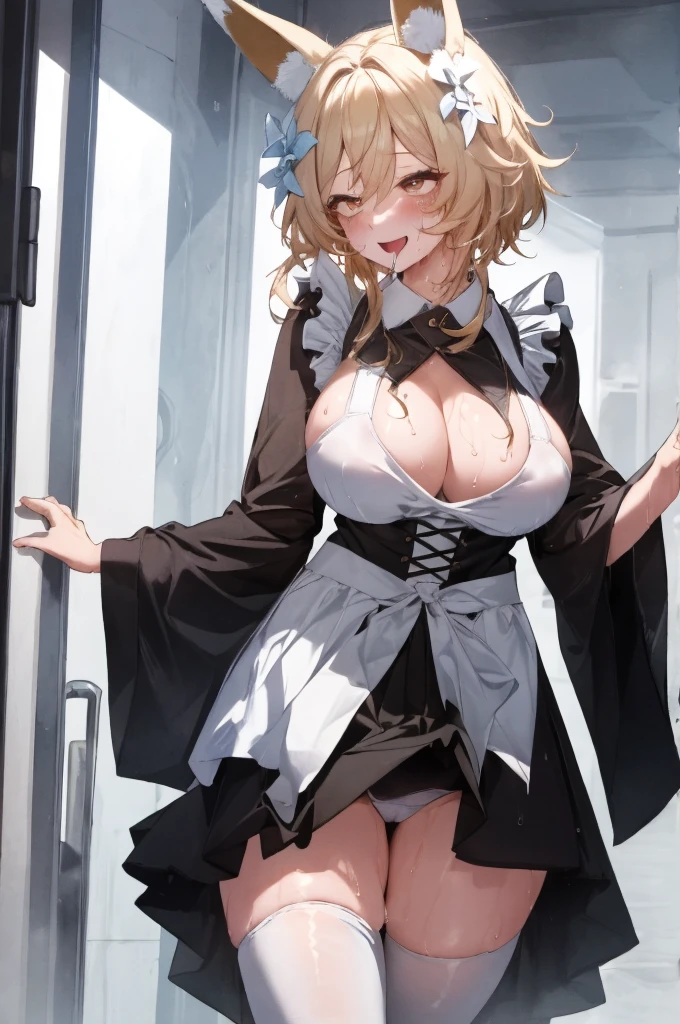  ,(Character Design, front,whole body、頭から靴までwhole body見える、Standing posture、Bunny Costume、Bunny ears、stockings、Gradient Hair、Maid clothes、Fox ears、Fox tail、Too big butt、、thighs too thick、hip、Sweaty、Wet, transparent skin、 ), 、short hair、Big Breasts、Long Breasts、、Put your chest close、Pinching the hem of the skirt、Show inside the skirt、Wet, transparent skin、Very large breasts、Dumpling、Show your underwear、Wavy Hair、Grab the hem of your skirt、、Laughing with your mouth open，whole body、