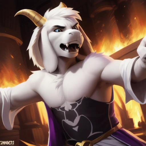 1boy,(( )), (fluffy), god of hyperdeath, ((by Zonkpunch, chunie, darkgem)), ((asrielxdreemurr character)), purple robe, horns, (best quality, ultra-detailed, best illustration, masterpiece, high res, professional artwork, famous artwork), realistic paint, black eyes, white fur, detailed realistic painting, male, (detailed white fur), asriel, portrait, detailed hands, shaded, four fingers, insane details, looking forward, (angry, open mouth, fangs), fight, clothed