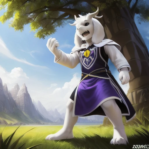 1boy,(( )), (fluffy), god of hyperdeath, ((by Zonkpunch, chunie, darkgem)), ((asrielxdreemurr character)), purple robe, horns, (best quality, ultra-detailed, best illustration, masterpiece, high res, professional artwork, famous artwork), realistic paint, black eyes, white fur, detailed realistic painting, male, (detailed white fur), asriel, portrait, detailed hands, shaded, four fingers, insane details, looking forward, (angry, open mouth, fangs), fight, clothed