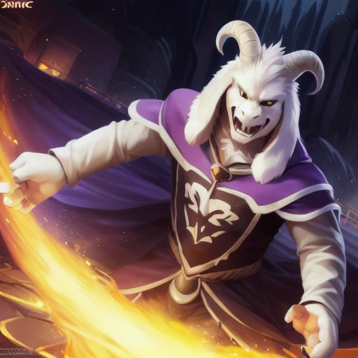 1boy,(( )), (fluffy), god of hyperdeath, ((by Zonkpunch, chunie, darkgem)), ((asrielxdreemurr character)), purple robe, horns, (best quality, ultra-detailed, best illustration, masterpiece, high res, professional artwork, famous artwork), realistic paint, black eyes, white fur, detailed realistic painting, male, (detailed white fur), asriel, portrait, detailed hands, shaded, four fingers, insane details, looking forward, (angry, open mouth, fangs), fight, clothed