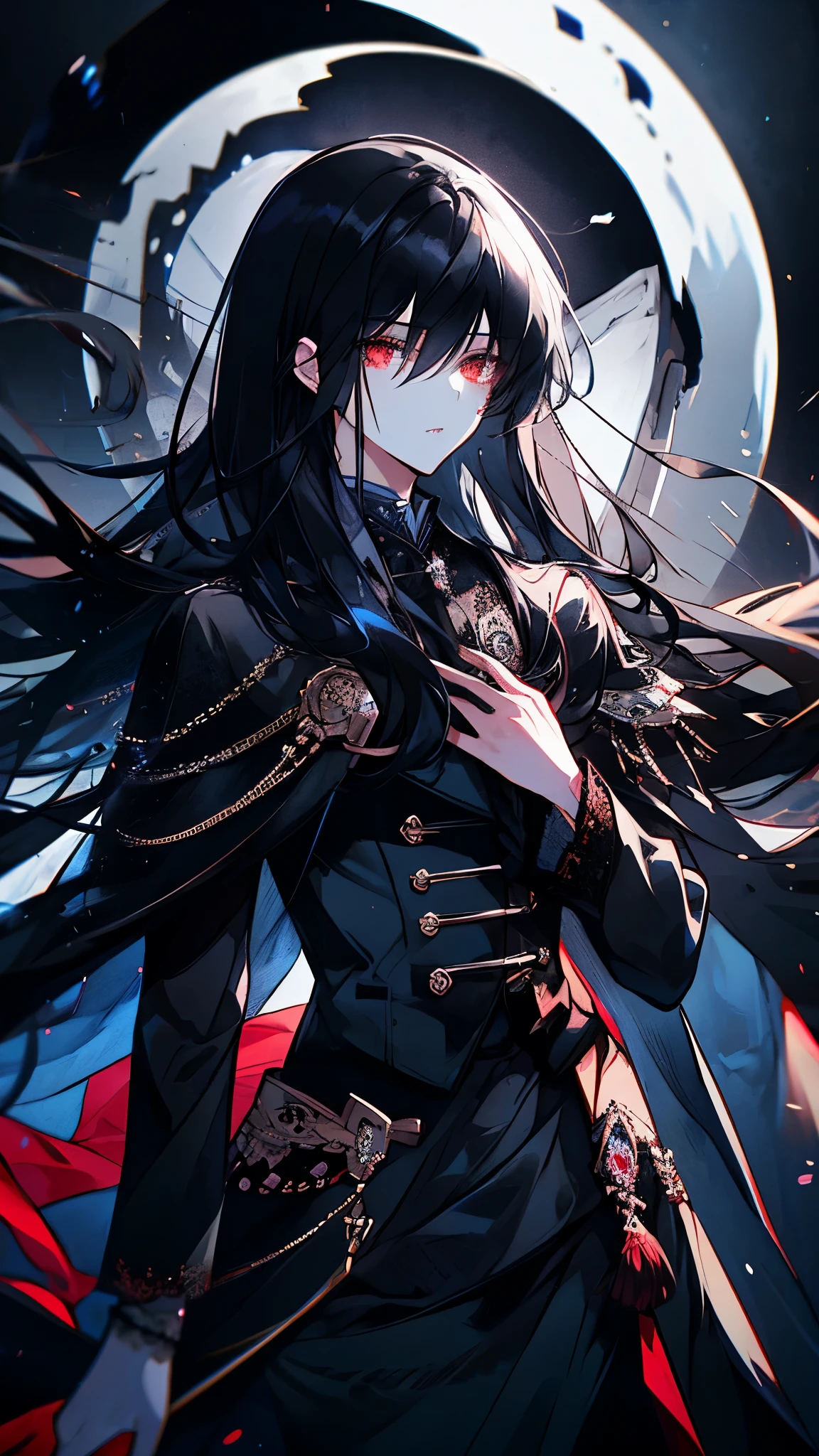 (best quality), masterpiece,Ultra Detailed,1man,Masculinity,a black-haired,Long hair,Red Eyes,Gorgeous dark atmosphere, Wear a black suit,Late Night, moon