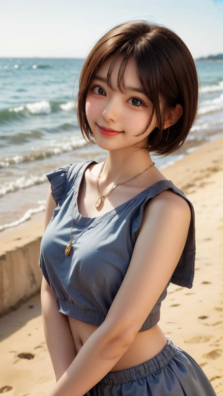 (cute face,brown eye: 1.3), (detailed face: 1.3), extra short hair, sidelocks-hair, smiling face, earrings, necklace, 1 girl, alone, blue sky, sea, short skirt, (Very detailed background: 1.0), (Very detailed background: 1.0)