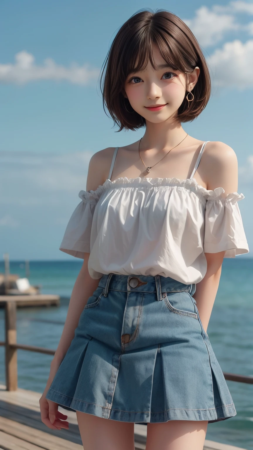 A woman in a white top and blue skirt standing on a pier - SeaArt AI