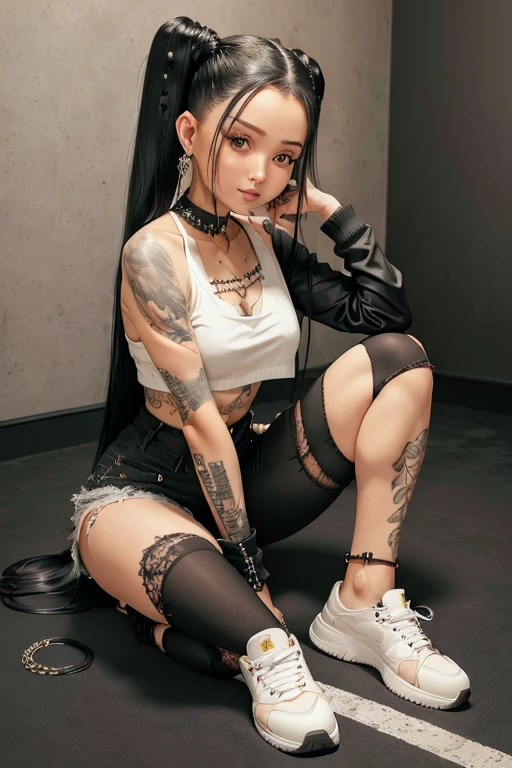 (masterpiece), best quality, expressive eyes, perfect face, (bedroom background), (sitting), (smirk), (closeup view), (1girl, bella poarch, fair skin, black hair, twin pigtail hairstyle, brown eyes, hourglass figure, thin body, skinny body, petite_body, thick thighs, long fingernails, body tattoos, cleavage tattoo,  greay hood sweater, croptop, loose fit, black ripped jeans, tennis shoes, miscellaneous jewelry)