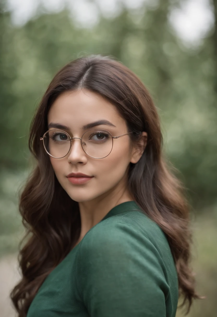 27 year old woman with round face and glasses , parda,cabelos pretos longos , com vestido verde militar