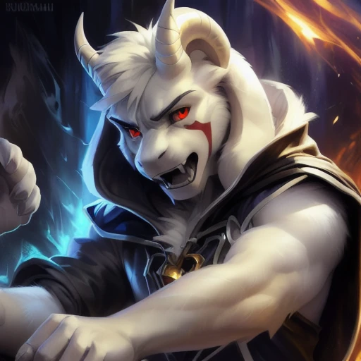1boy,(( )), (fluffy), god of hyperdeath, ((by Michael & Inessa Garmash,Ruan Jia, Pino Daeni, chunie, darkgem)), ((asrielxdreemurr character)), black robe, horns, (best quality, ultra-detailed, best illustration, masterpiece, high res, professional artwork, famous artwork), realistic paint, red eyes, white fur, detailed realistic painting, male, (detailed white fur), asriel, portrait, detailed hands, shaded, four fingers, insane details, looking forward, (angry, open mouth, fangs), fight