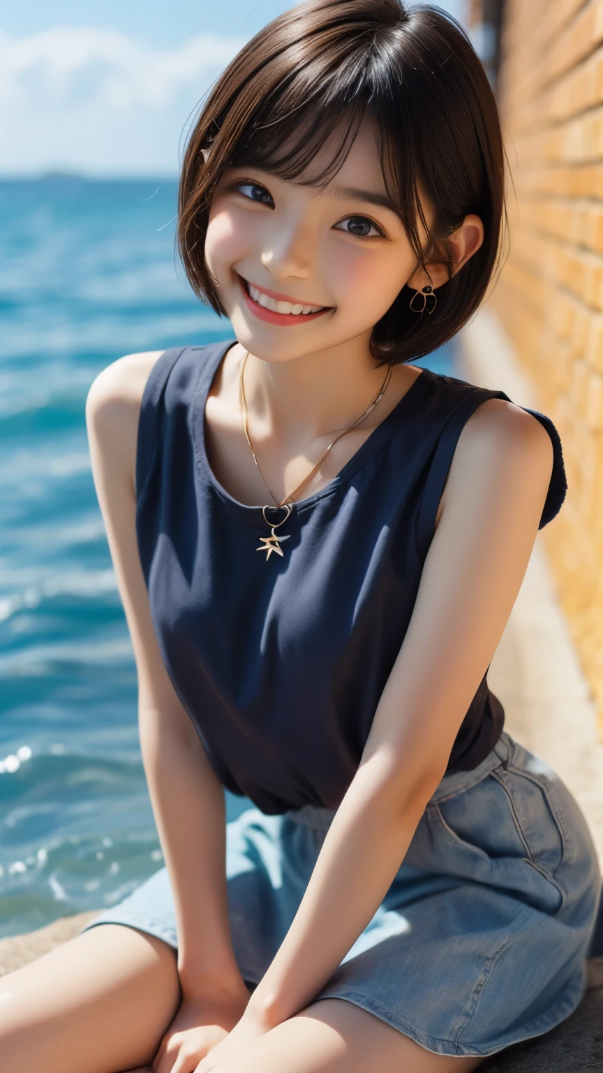 (cute face,brown eye: 1.3), (detailed face: 1.3), extra short hair, sidelocks-hair, smiling face, earrings, necklace, 1 girl, alone, blue sky, sea, short skirt, (Very detailed background: 1.0), (Very detailed background: 1.0)