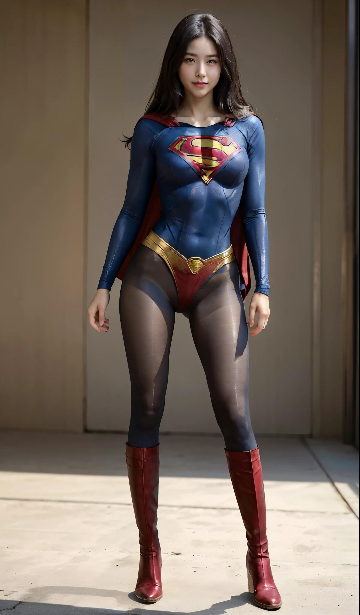 No background、(((Beautiful legs in black tights.)))、(((Legally express the beauty of your smile)))、((((Make the most of your original images)))、(((Supergirl Costume)))、(((Beautiful Hair)))、(((suffering)))、(((Please wear black tights....、Wear red boots)))、((Best image quality、8K))、((highest quality、8K、masterpiece:1.3))、(((Preserve background )))、Sharp focus:1.2、Beautiful woman with perfect figure:1.4、Thin abdominal muscles:1.2、Wet body:1.5、Highly detailed face and skin texture、8K