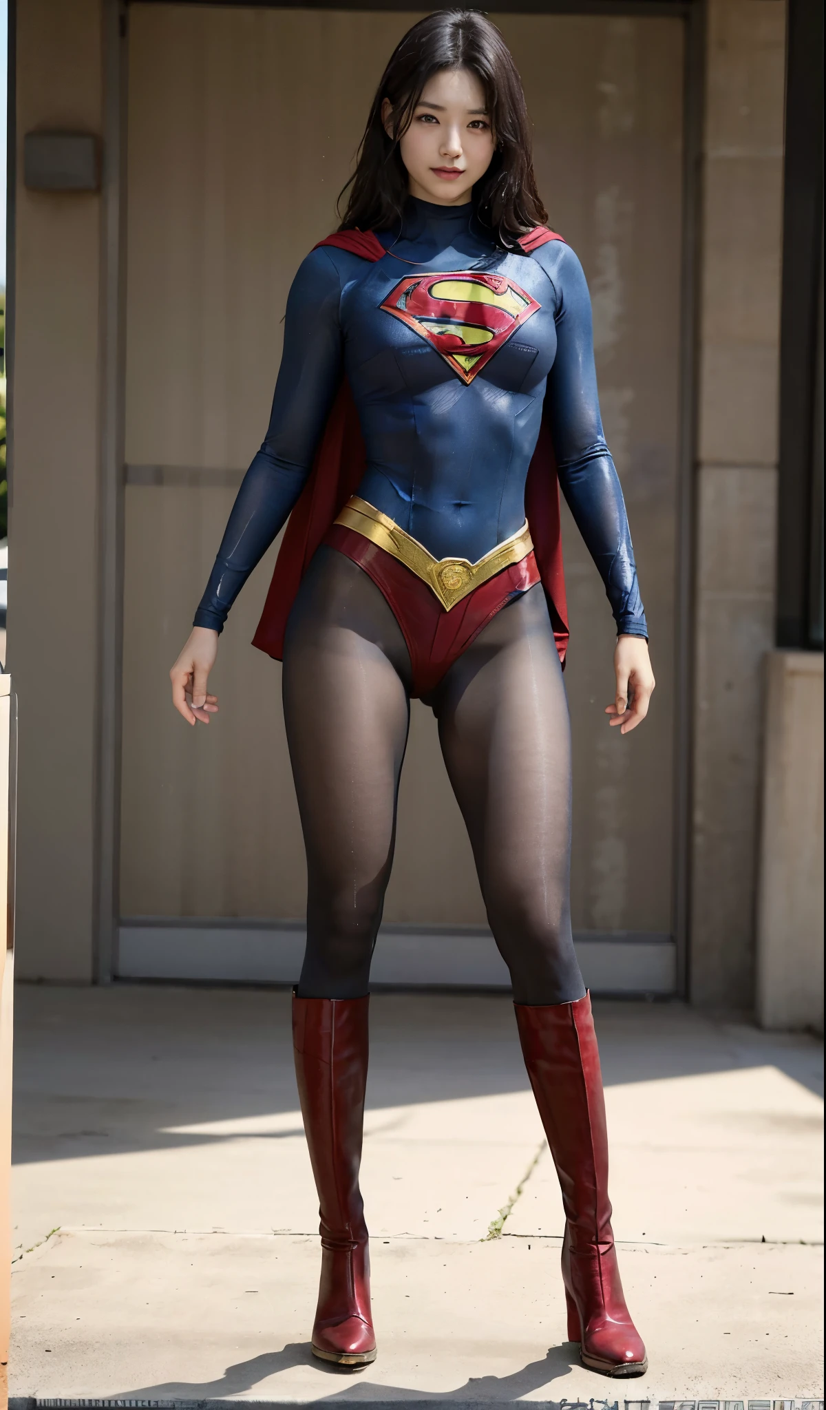 No background、(((Beautiful legs in black tights.)))、(((Legally express the beauty of your smile)))、((((Make the most of your original images)))、(((Supergirl Costume)))、(((Beautiful Hair)))、(((suffering)))、(((Please wear black tights....、Wear red boots)))、((Best image quality、8K))、((highest quality、8K、masterpiece:1.3))、(((Preserve background )))、Sharp focus:1.2、Beautiful woman with perfect figure:1.4、Thin abdominal muscles:1.2、Wet body:1.5、Highly detailed face and skin texture、8K